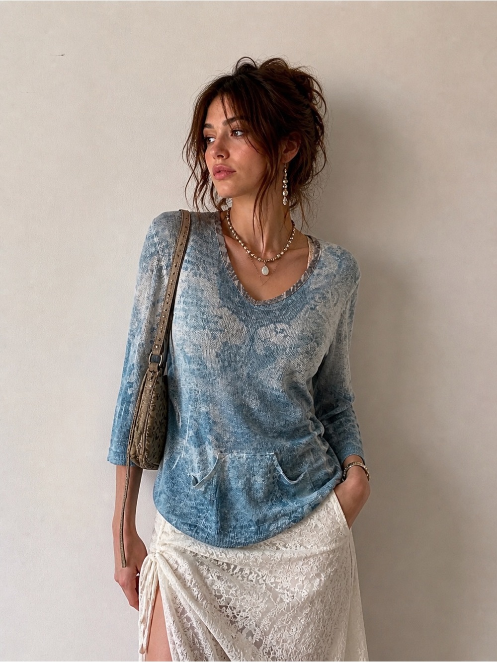 Y2K Blue Burnout Printed Unique Hooded Sweater Boho‎ Whimsical Statement Grunge